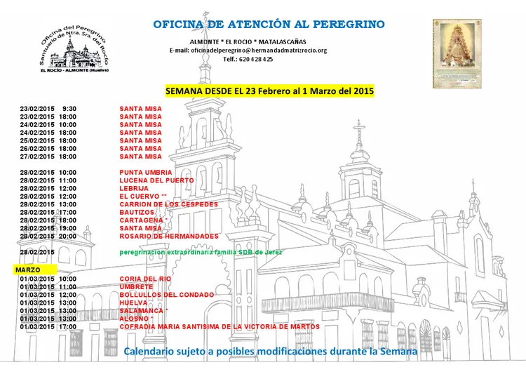 Calendario peregrinaciones 23-02 al 01-03-2015