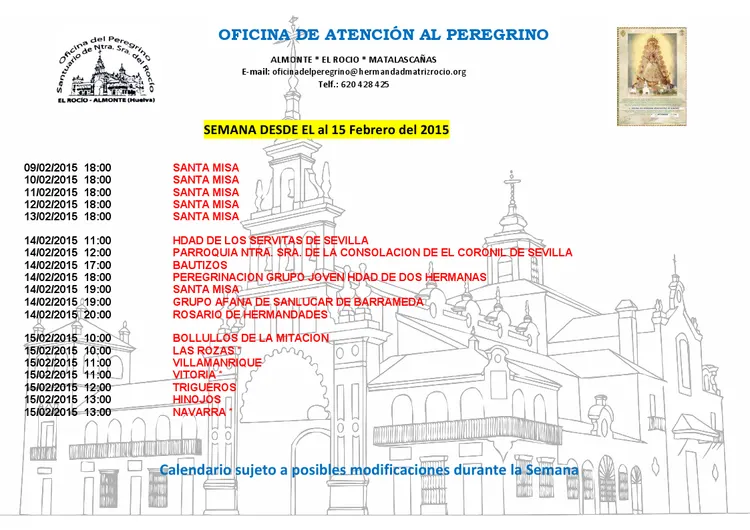 Calendario semanal de Peregrinaciones del 9 al 15 de febrero