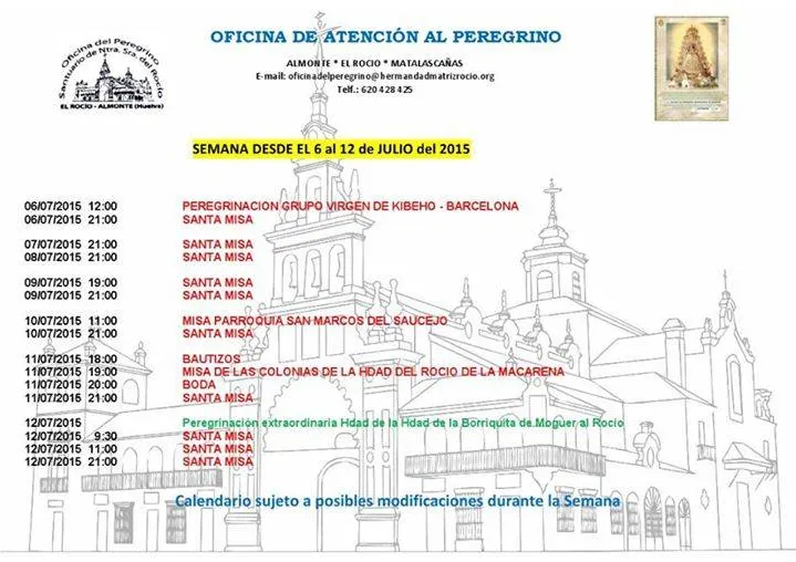 Calendario pergrinaciones 6 al 12 de julio 2015