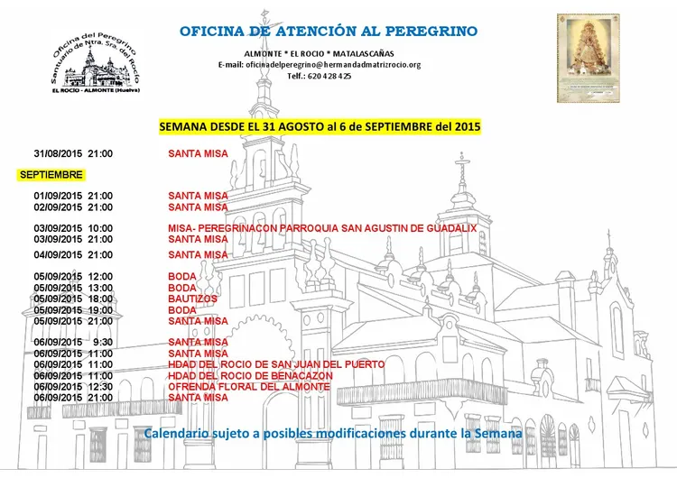 Calendario 31-08 al 6-09 2015