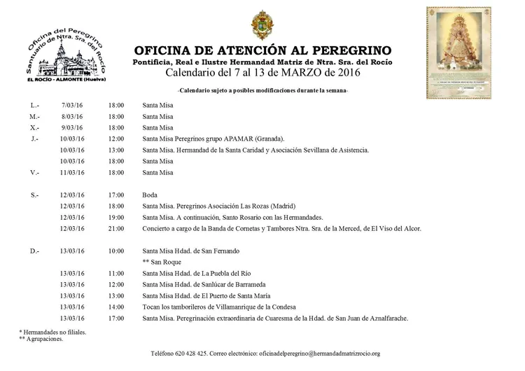 Calendario semana 7-13 marzo 2016