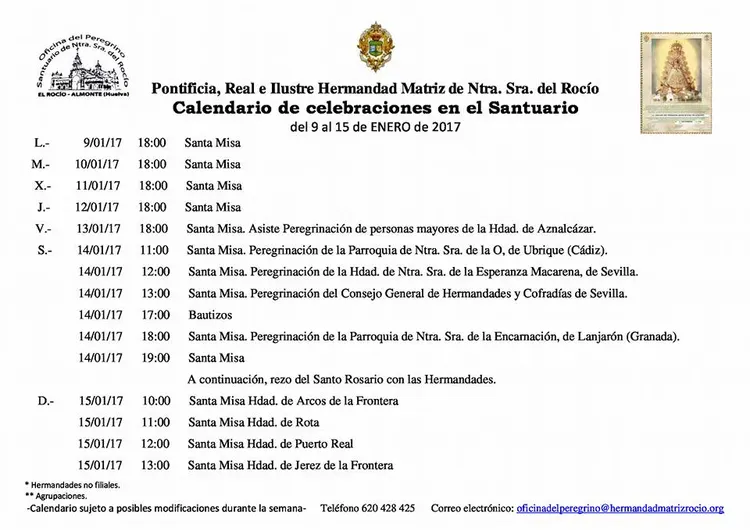 Calendario celebraciones en el santuario del Rocío del 9 al 15 de enero de 2017