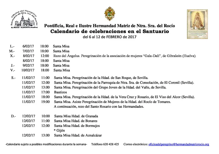 Calendario rocio del 6 al 12 de febrero de 2017
