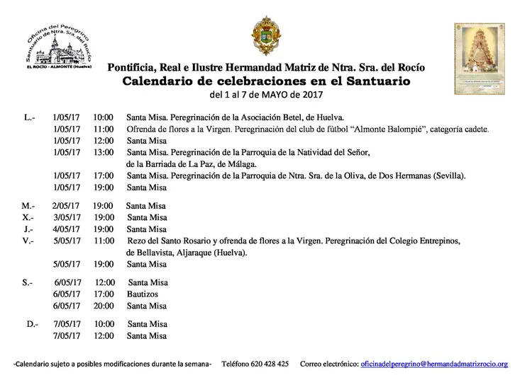 Calendario de celebraciones en el Santuario del Rocío del 1 al 7 de mayo de 2017