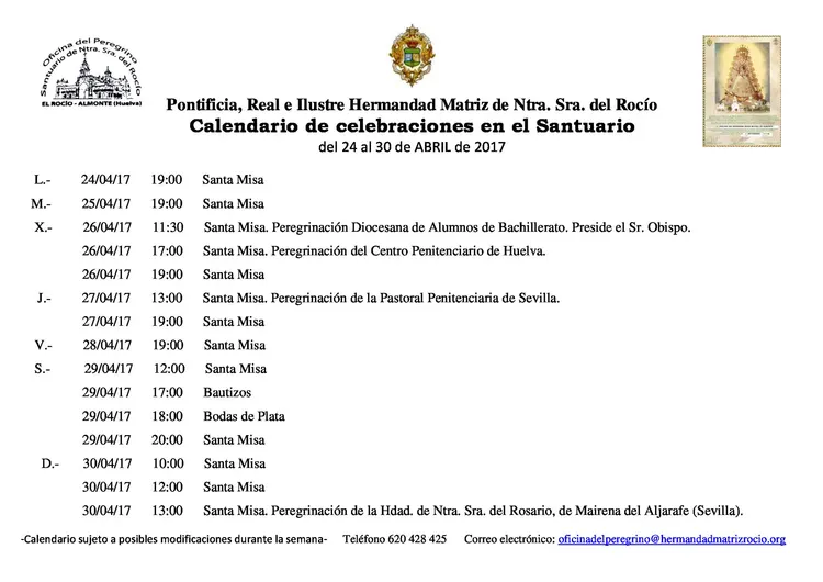 Calendario de celebraciones santuario del rocio del 24 al 30 de abril