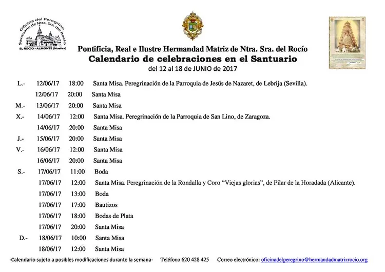 Calendario de Celebraciones en el Santuario del Rocío del 12 al 18 de junio de 2017