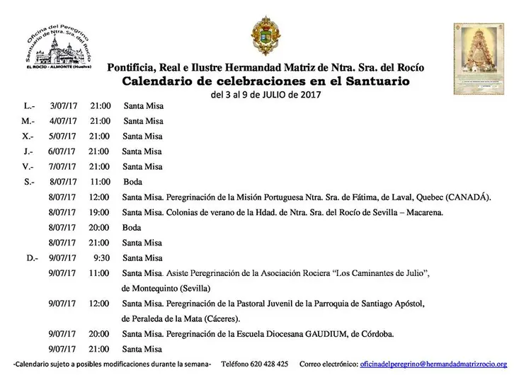 Calendario de Celebraciones en el Santuario dle Rocío del 3 al 9 de julio de 2017