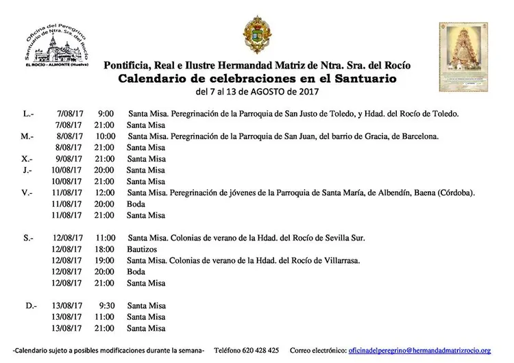 Calendario de Celebraciones en el Santuario del Rocío del 7 al 13 de agosto de 2017