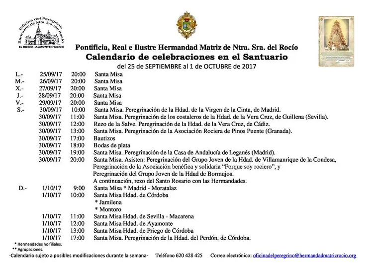 Calendario de Celebraciones en el Santuario del rocío del 25 de septiembre al 1 de octubre de 2017