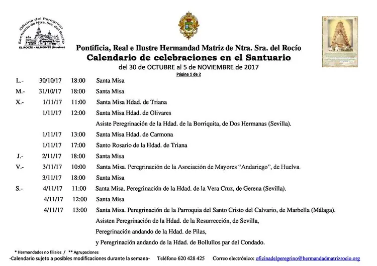 Calendario de CElebraciones en el Santuario del Rocío del 30 de octubre al 5 de noviembre de 2017-1