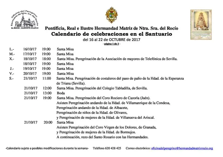 Calendario de Celebraciones en el Santuario del Rocío del 16 al 22 de octubre de 2017