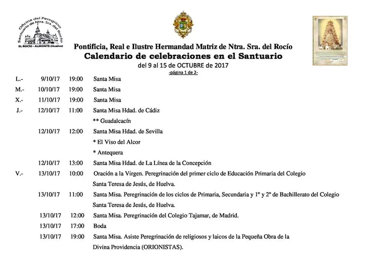Calendario de Celebraciones en el Santuario del Rocío del 9 al 15 de octubre de 2017-1