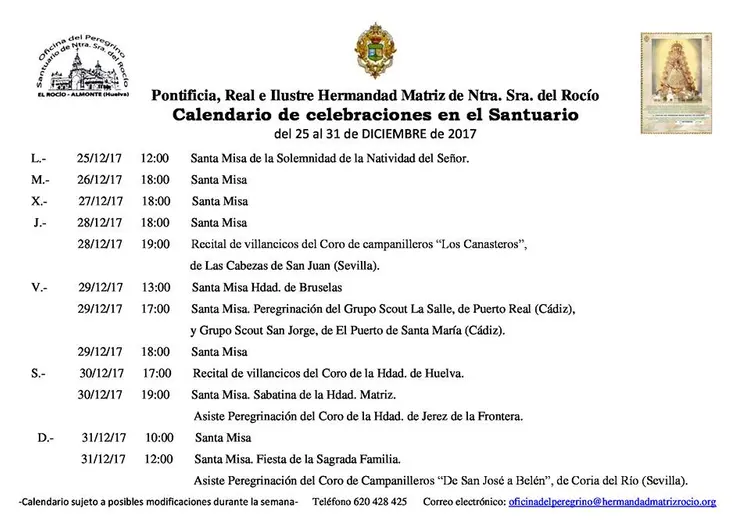 Calendario-de-Celebraciones-en-el-Santuario-del-Rocio-del-24-al-31-de-diciembre-de-2017