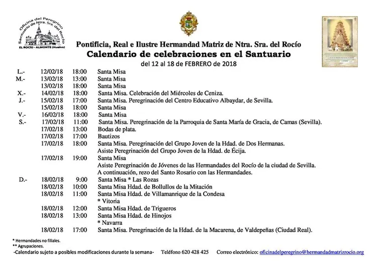 Calendario de Celebraciones en el Santuario del Rocio del 12 al 18 de febrero de 2018