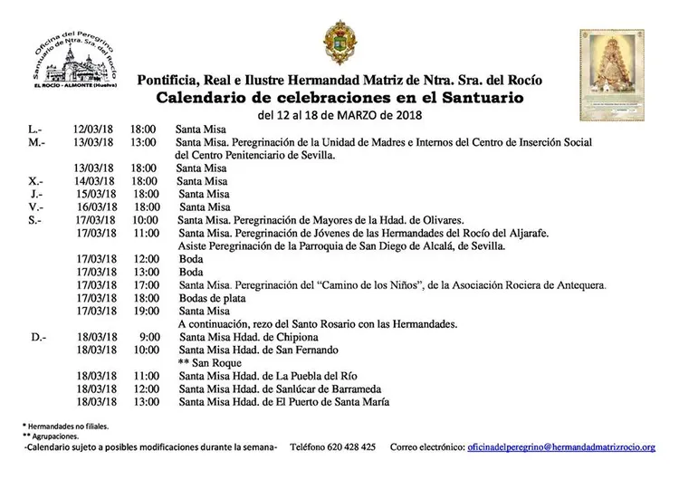 Calendario de Celebraciones en el Santuario del Rocio del 12 al 18 de marzo de 2018