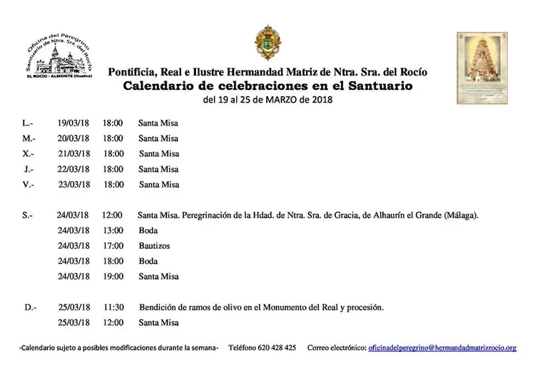 Calendario de Celebraciones en el Santuario del Rocio del 19 al 26 de marzo de 2018