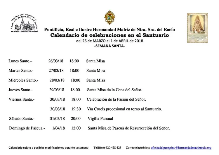 Calendario de Celebraciones en el Santuario del Rocio del 26 de marzo al 1 de abril de 2018