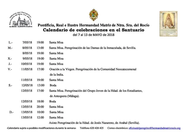 Calendario de Celebraciones en el Santuario del Rocio del 7 al 13 de mayo de 2018