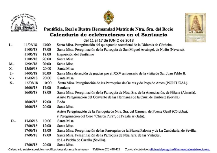 Calendario de Celebraciones en el Santuario del Rocio del 11 al 17 de junio de 2018