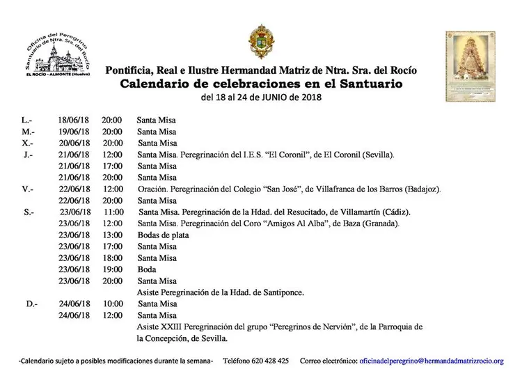 Calendario de Celebraciones en el Santuario del Rocio del 18 al 24 de junio de 2018
