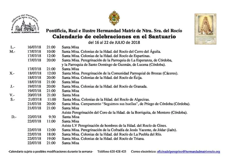 Calendario de Celebraciones en el Santuario del Rocio del 16 al 22 de julio de 2018