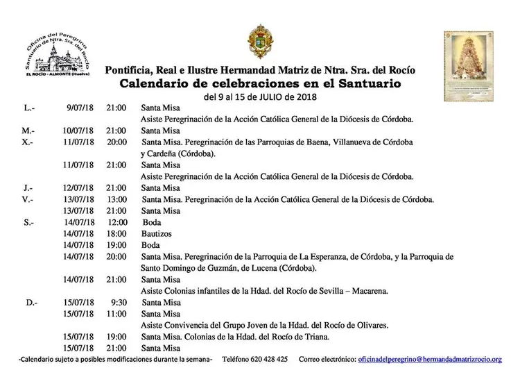 Calendario de Celebraciones en el Santuario del Rocio del 9 al 15 de julio de 2018