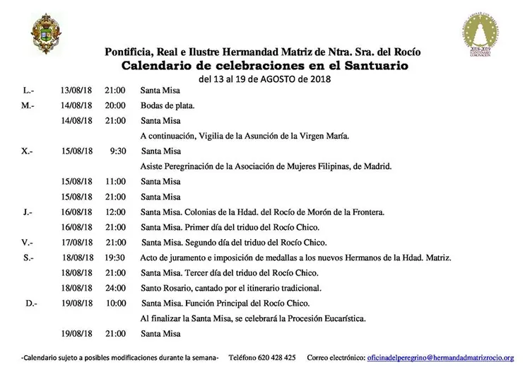 Calendario de Celebraciones en el Santuario del Rocio del 13 al 19 de agosto de 2018