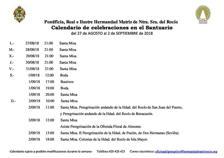 Calendario de Celebraciones en el Santuario del Rocio del 27 de septiembre al 2 de agosto de 2018