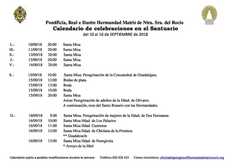 Calendario de Celebraciones en el Santuario del Rocio del 10 al 16 de septiembre de 2018