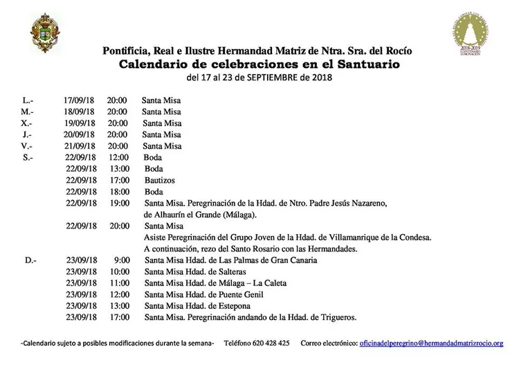 Calendario de Celebraciones en el Santuario del Rocio del 17 al 23 de septiembre de 2018