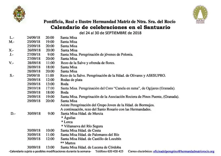 Calendario de Celebraciones en el Santuario del Rocio del 24 al 30 de septiembre de 2018