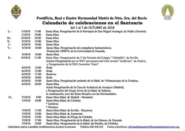 Calendario de Celebraciones en el Santuario del Rocio del 1 al 7 de octubre de 2018