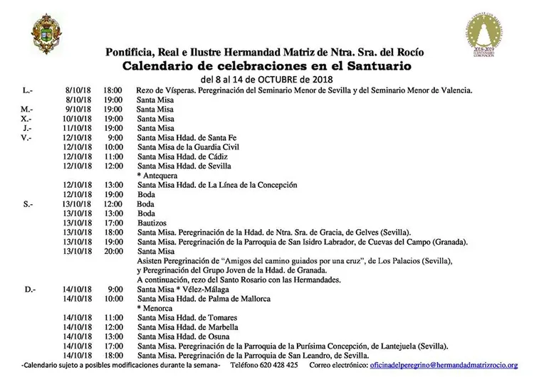Calendario de Celebraciones en el Santuario del Rocio del 8 al 14 de octubre de 2018