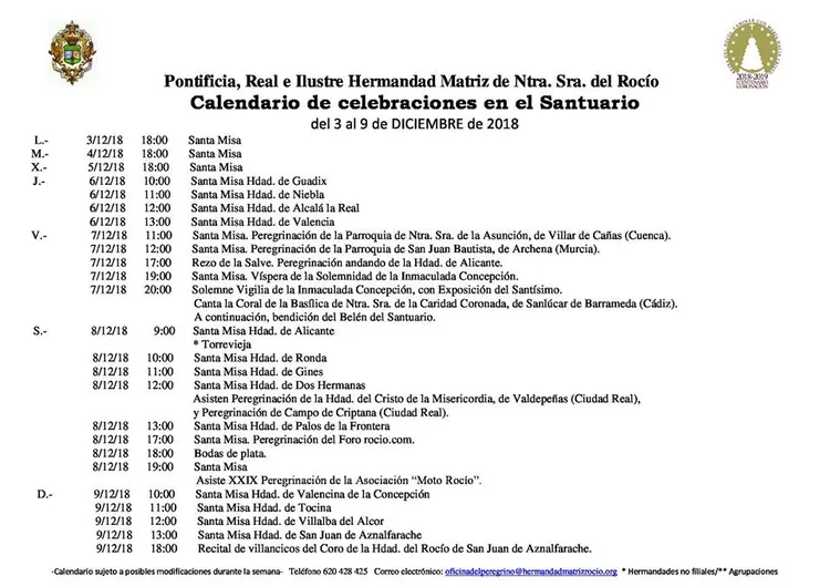 Calendario de Celebraciones en el Santuario de El Rocio del3 al 9 de iciembre de 2018