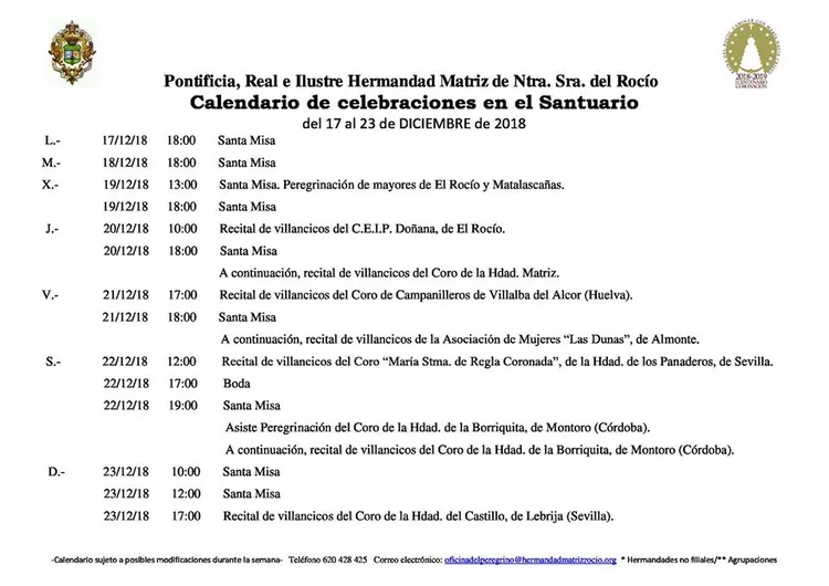 Calendario de Celebraciones en el Santuario del Rocio del 17 al 23 de diciembre de 2018
