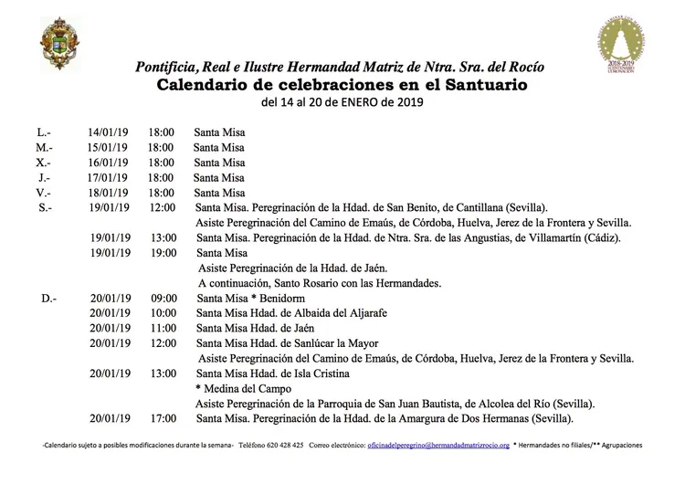 Calendario de Celebraciones en el Santuario del Rocío del 14 al 20 de enero de 2018