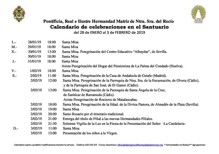 Calendario de Celebraciones en el santuario del Rocio del 28 de enero al 3 de febrero de 2019