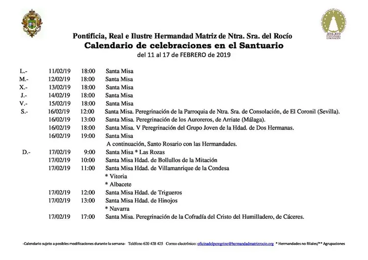 Calendario de Celebraciones en el Santuario del Rocio del 11 al 17 de febrero de 2019