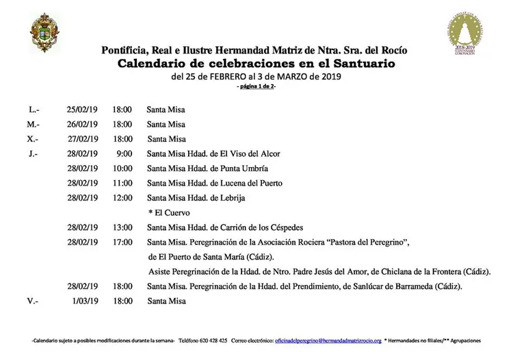 Calendario de Celebraciones en el Santuario del Rocio del 25 de febrero al 3 de marzo de 2019-1