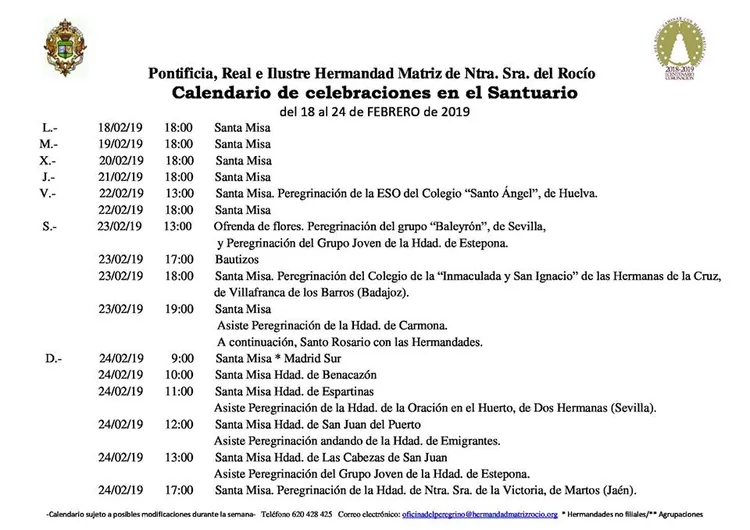 Calendario de Celebraciones en el Santyuario del Rocio del 28 al 24 de febrero de 2019