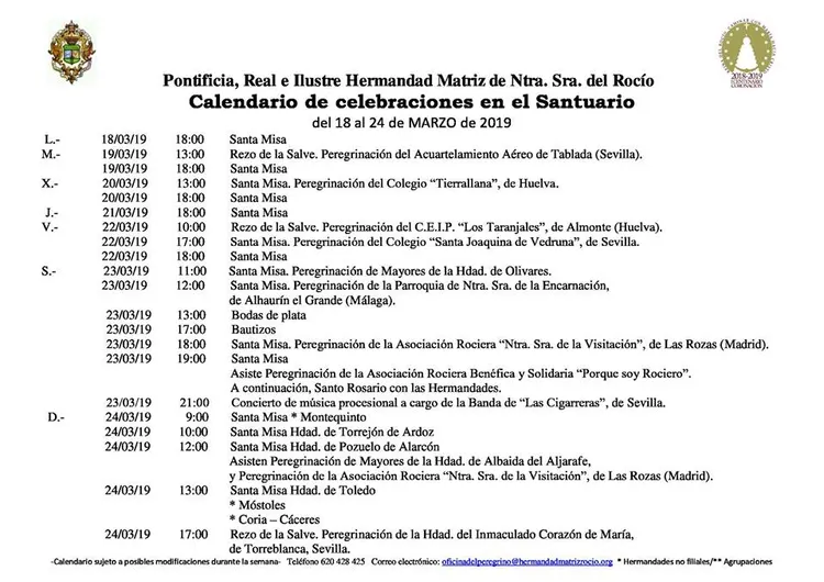 Calendario de Celebraciones en el Santuario del Rocio del 18 al 24 de marzo de 2019