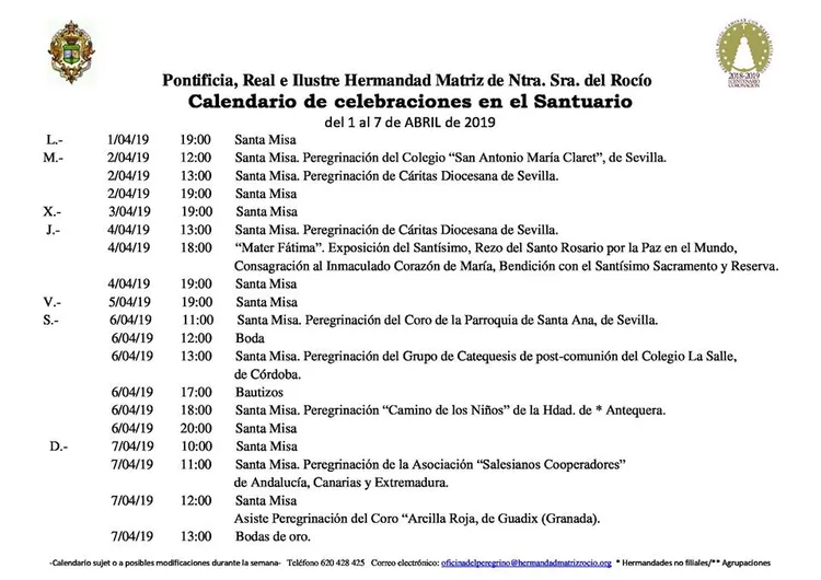 Calendario de Celebraciones en el Santuario del Rocio del 1 al 7 de abril de 2019