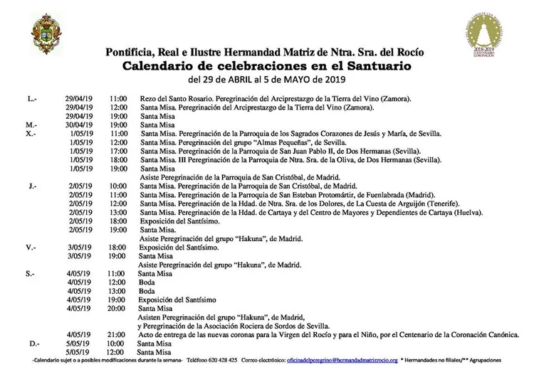 Calendario de Celebraciones en el Santuario del Rocio del 29 de abril al 5 de mayo de 2019