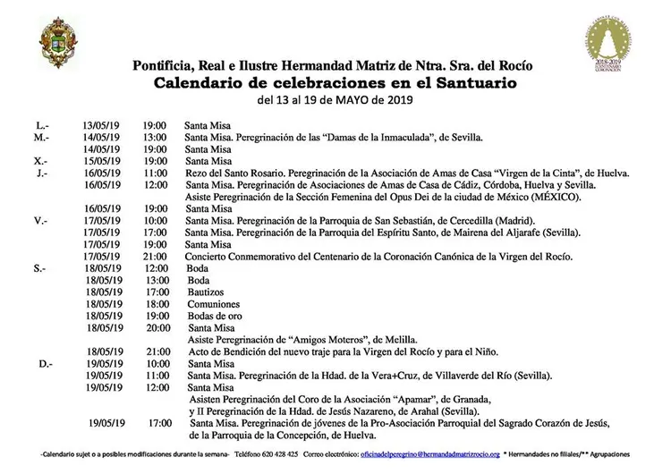 Calendario de Celebraciones en el Santuario del Rocio del 13 al 19 de mayo de 2019