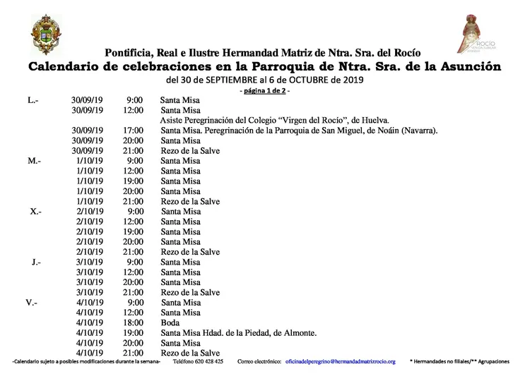 Calendario de Celebraciones en la Parroquia de la Asunción del 30 de septiembre al 6 de octubre