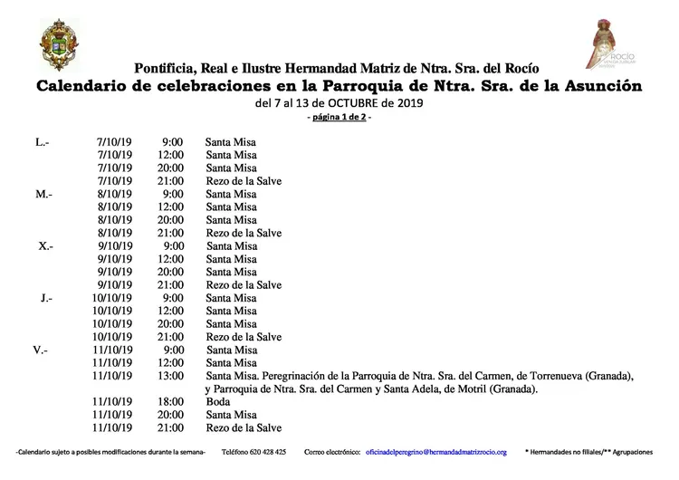 Calendario de Celebraciones en la Parroquia de la Asuncion del 7 al 13 de octubre de 2019-1
