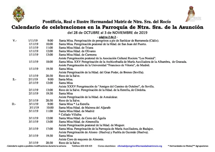 Calendario de Celebraciones en la parroquia de la Asuncion del 28 de octubre al 3 de noviembre de 2019-2