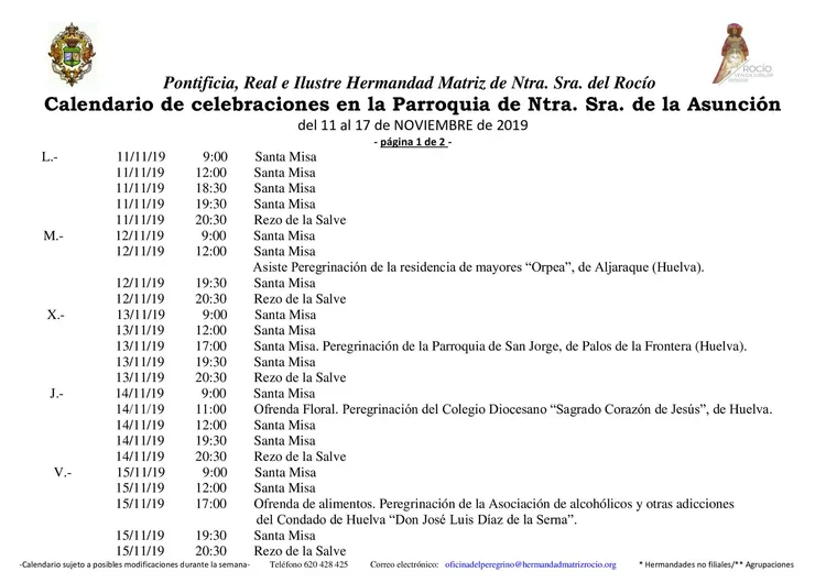 Calendario de Celebraciones en la Parroquia de la Asuncion del 11 al 17 de noviembre de 2019-1