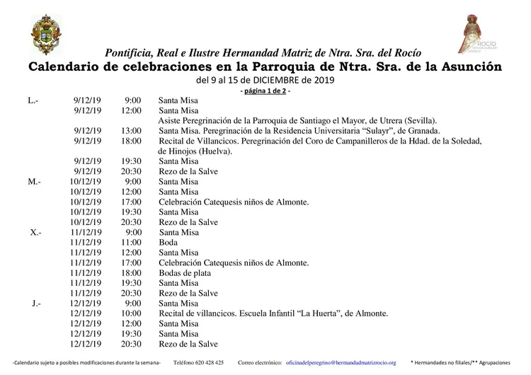 Calendario de Celebraciones en la Parroquia de La Asuncion del 9 al 15 de diciembre de 2019-1