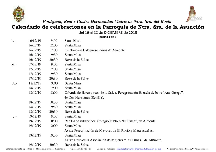 Calendario de Celebraciones en la Parroquia de la Asuncion del 16 al 22 de diciembre de 2019-1